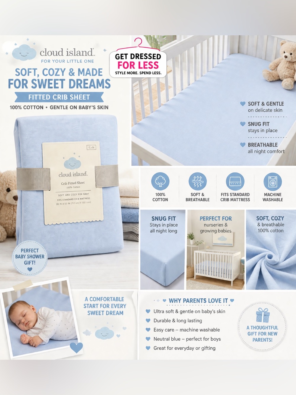 Cloud Island Fitted Crib Sheet Blue Baby Boy Nursery Bedding 100% Cotton Soft